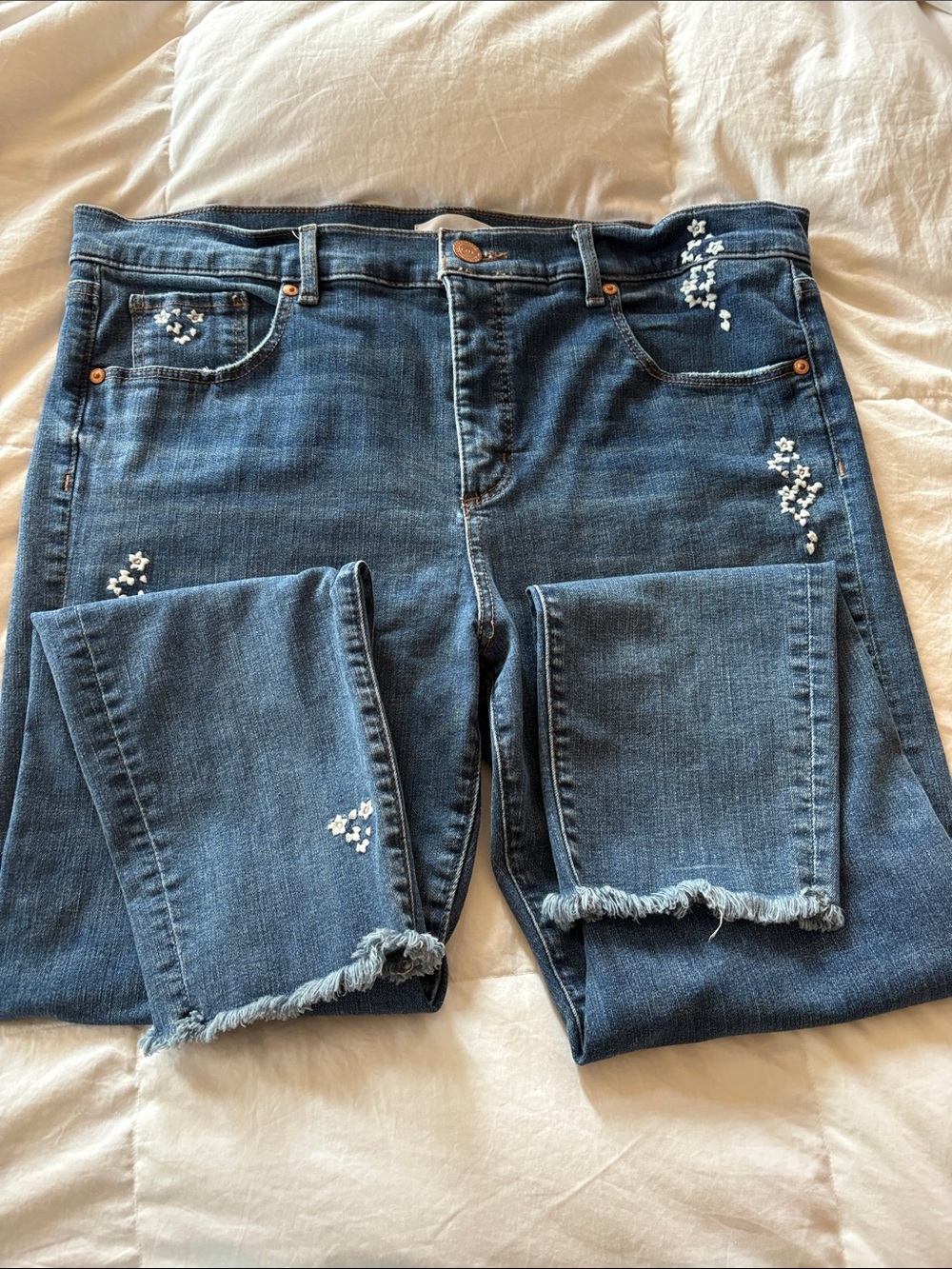 Women's Dark Blue Embroidered Fringe Hem Jeans
